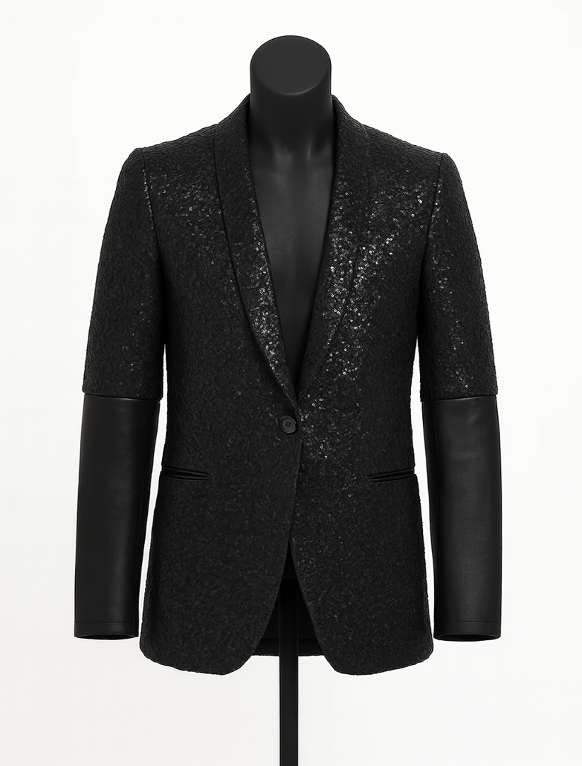 Black sequin blazer on a mannequin against a white background