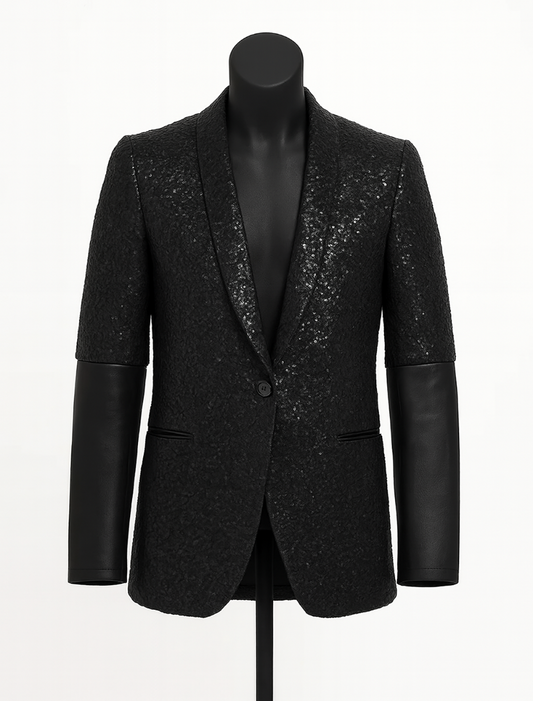 Black sequin blazer on a mannequin against a white background