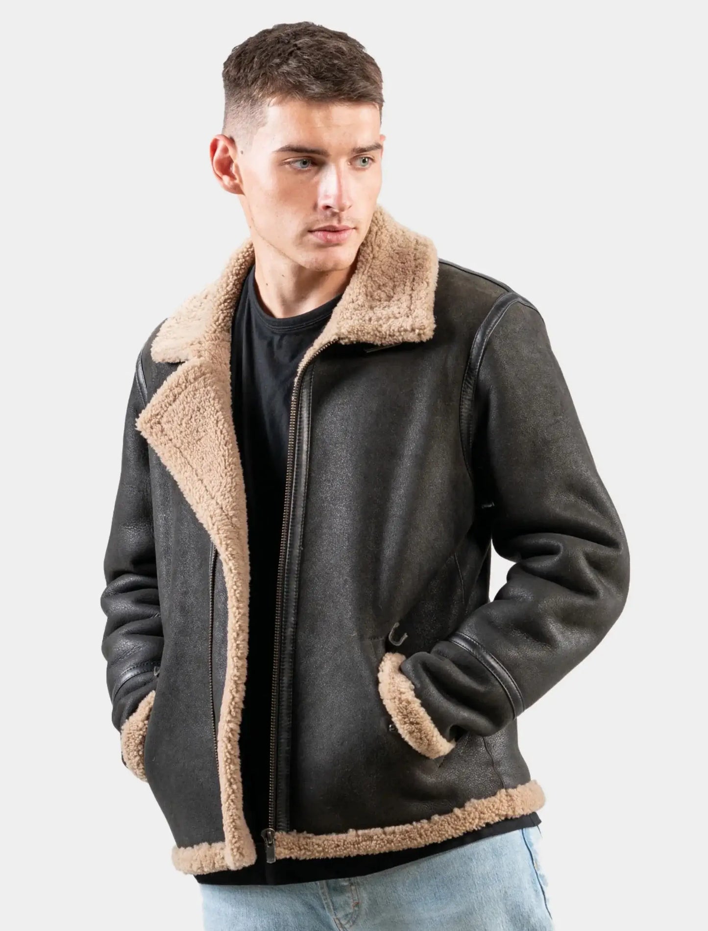 Classic Brown Leather Shearling Aviator Jacket