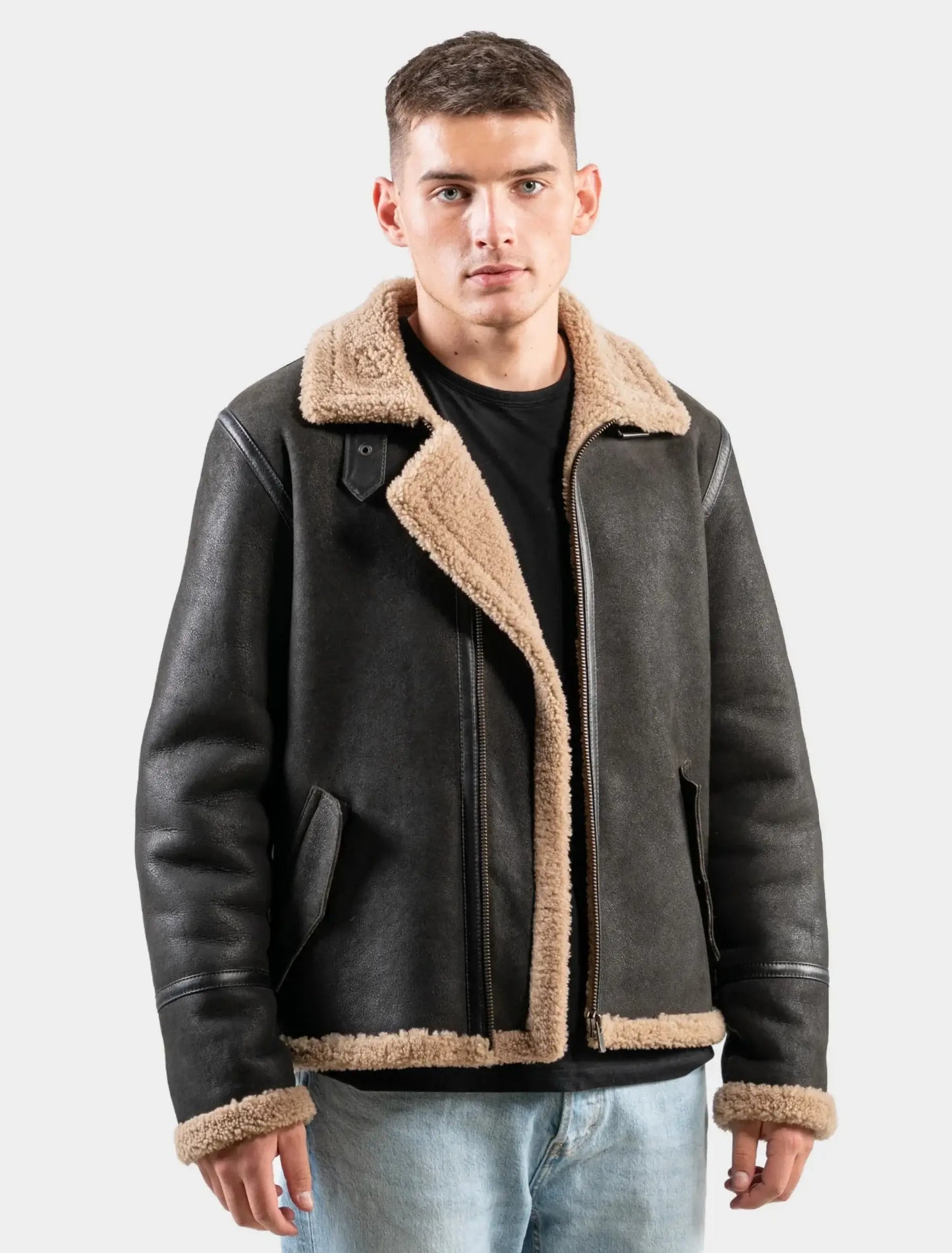 Classic Brown Leather Shearling Aviator Jacket