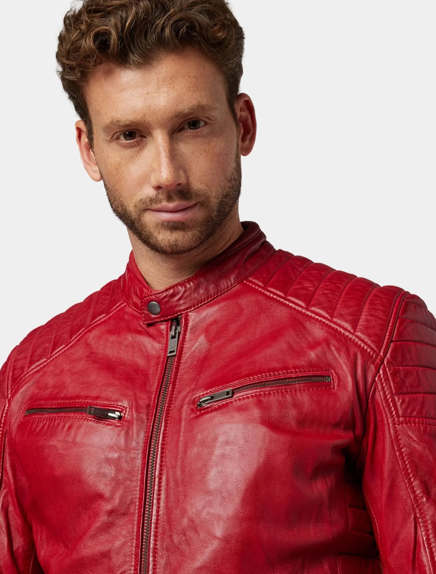 Classic Red Leather Cafe Racer Jacket