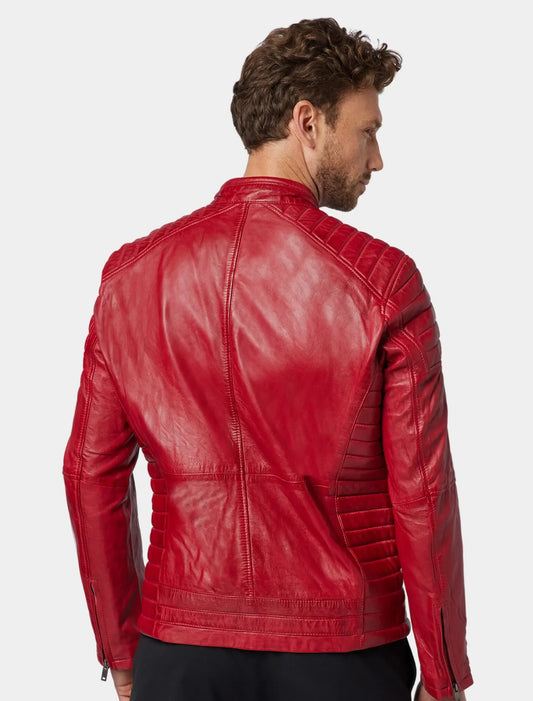 Classic Red Leather Cafe Racer Jacket