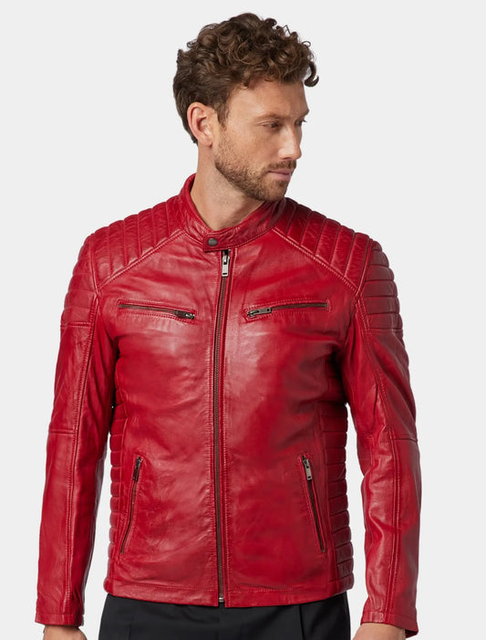 Classic Red Leather Cafe Racer Jacket