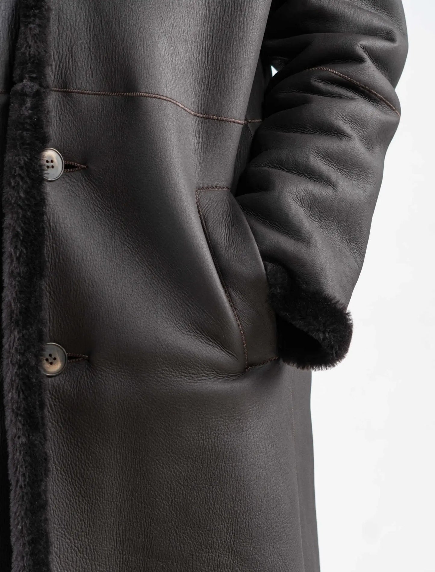 Stylish Black Leather Shearling Trench Coat