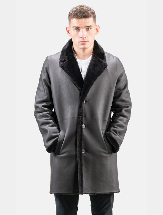 Stylish Black Leather Shearling Trench Coat
