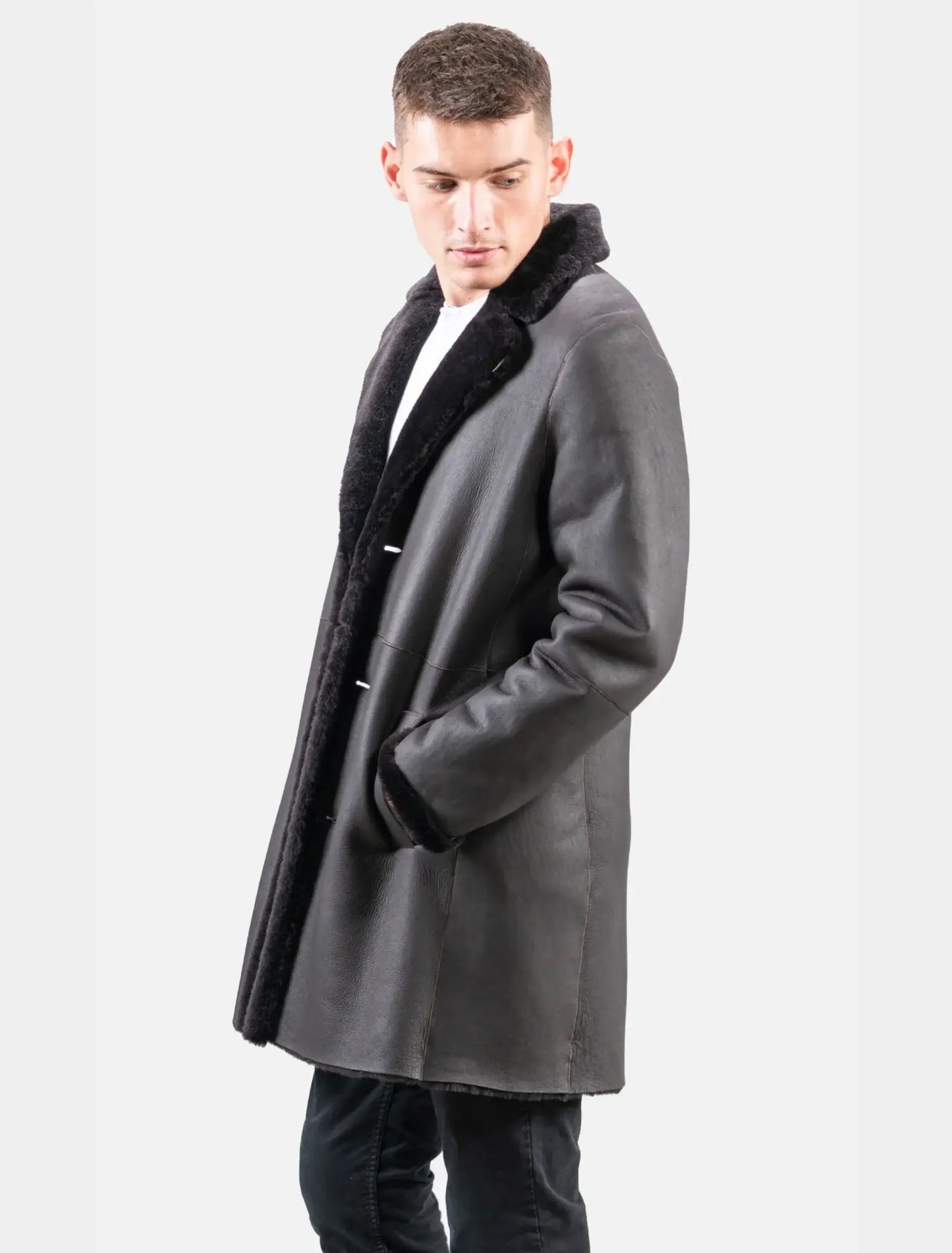 Stylish Black Leather Shearling Trench Coat