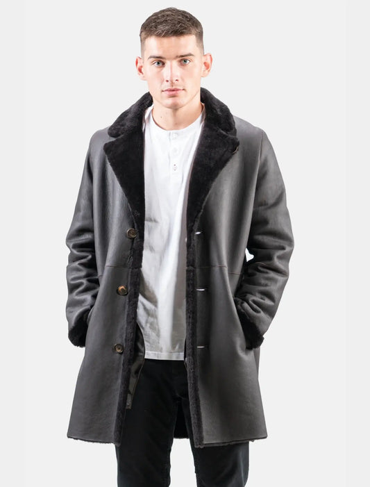 Stylish Black Leather Shearling Trench Coat