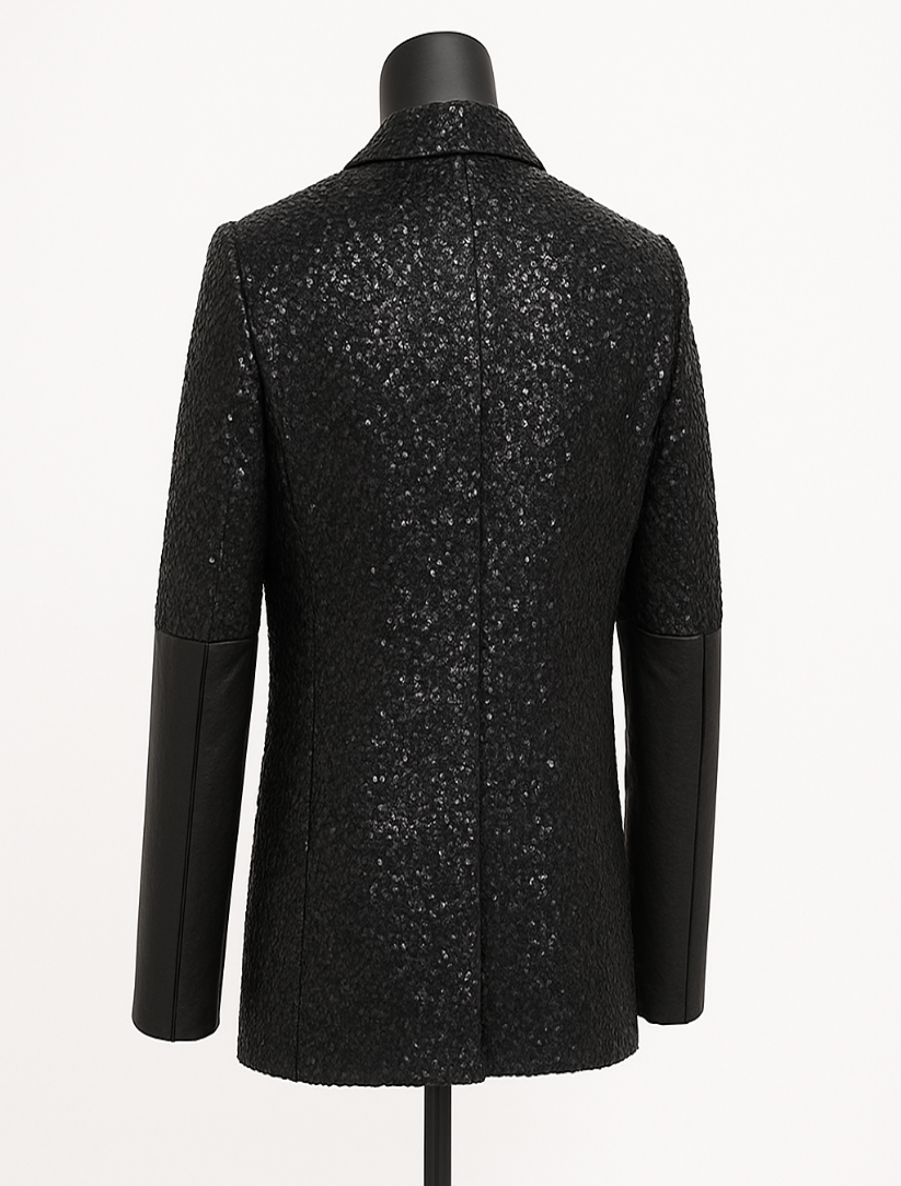 Black textured coat on a mannequin against a white background