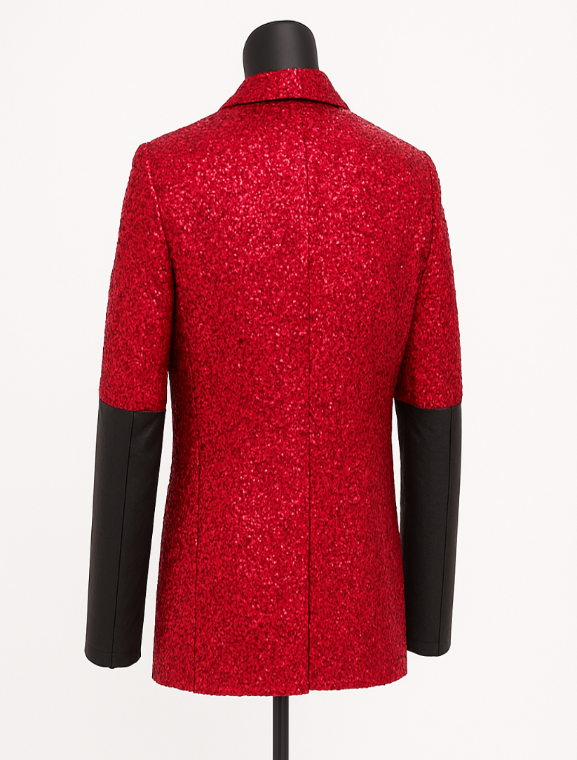 Red textured jacket with black sleeves on a mannequin against a white background