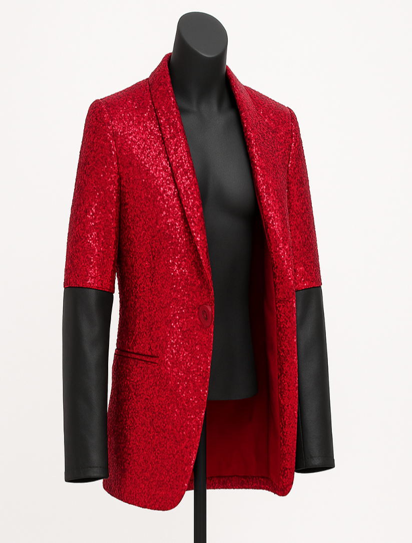 Sequin Blazer Jacket with Faux Leather Sleeves