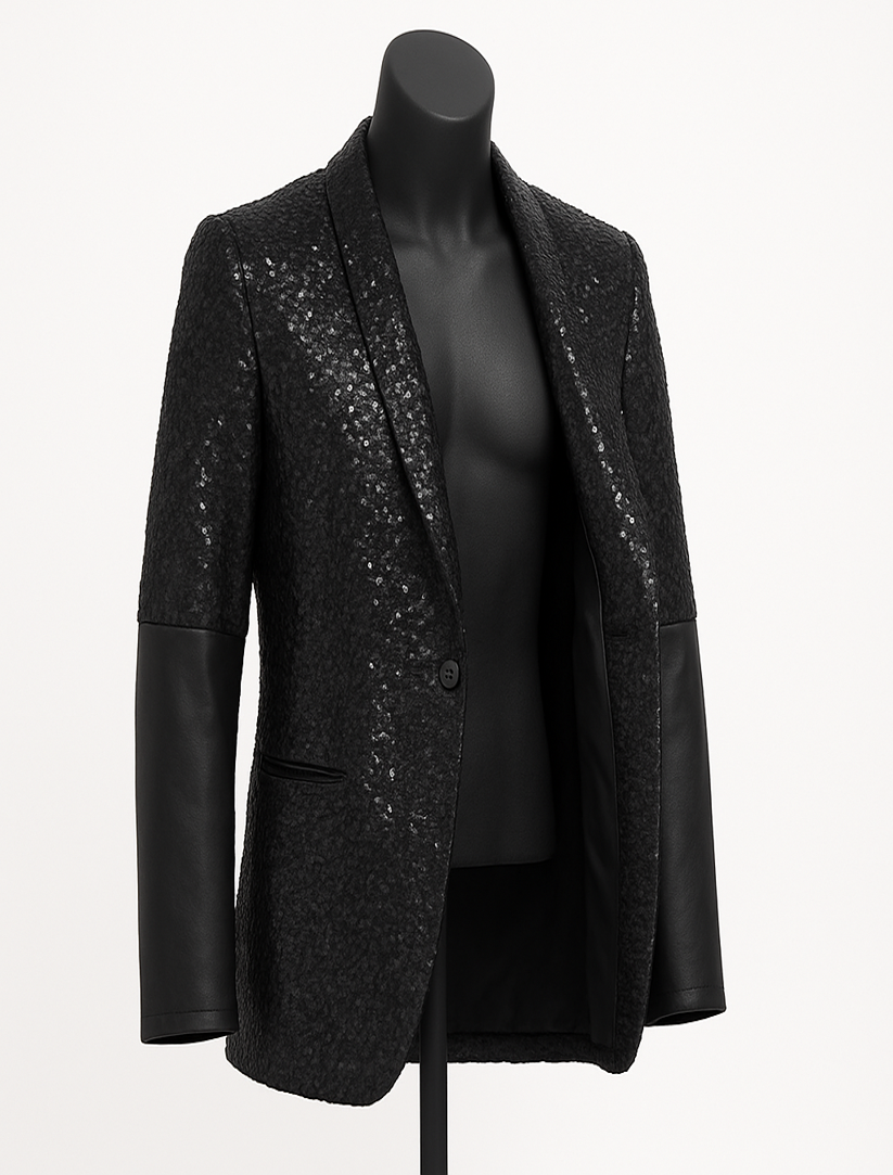 Sequin Blazer Jacket with Faux Leather Sleeves