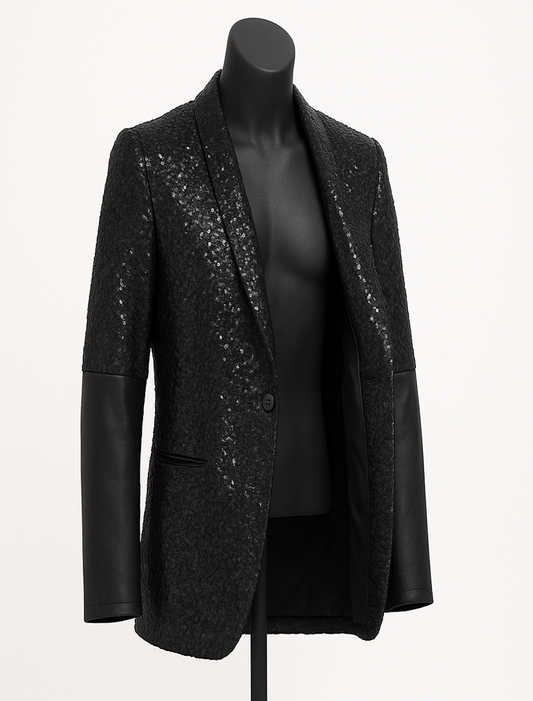 Sequin Blazer Jacket with Faux Leather Sleeves