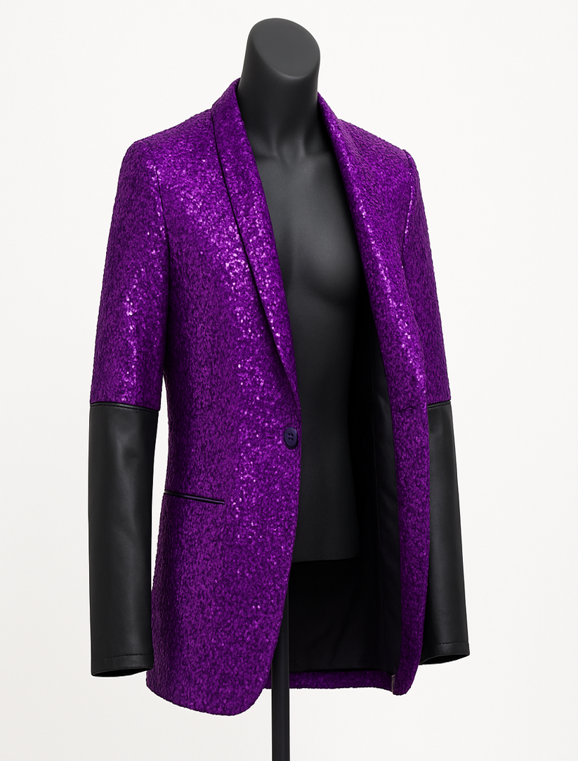 purple Sequin Blazer Jacket with Faux Leather Sleeves