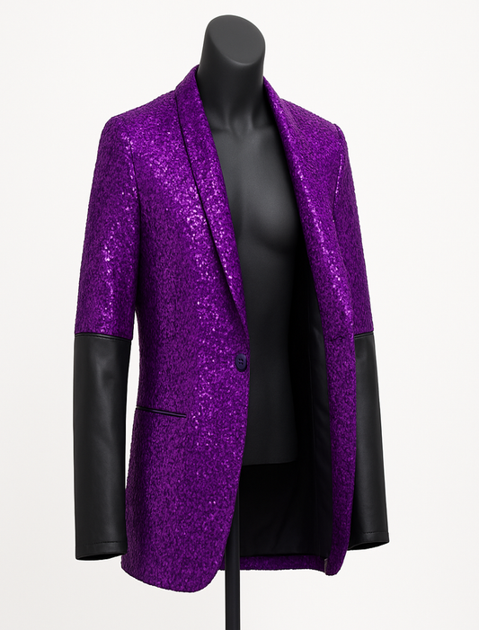 purple Sequin Blazer Jacket with Faux Leather Sleeves